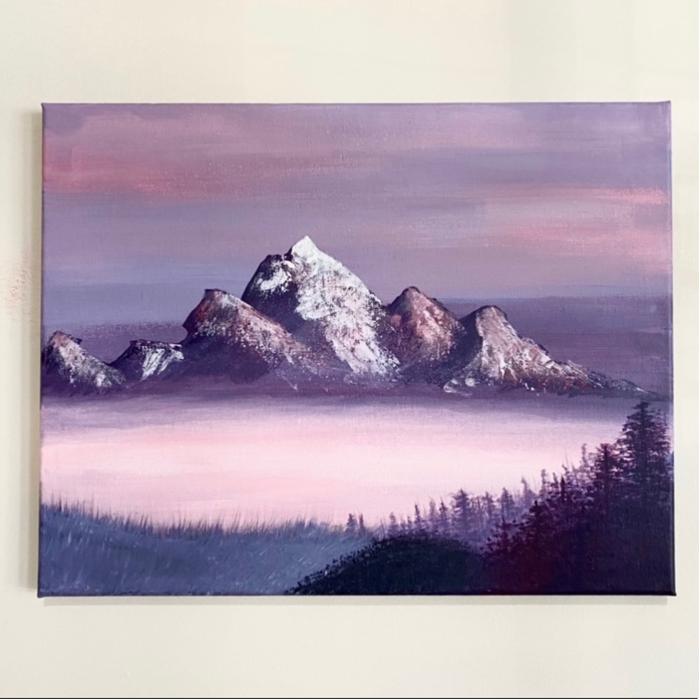 Original mountain landscape painting, purple pink